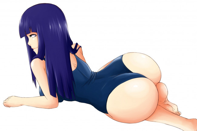 Обои картинки фото аниме, naruto, лежит, попа, брюнетка, девушка, белый, фон, хината, хьюга, купальник
