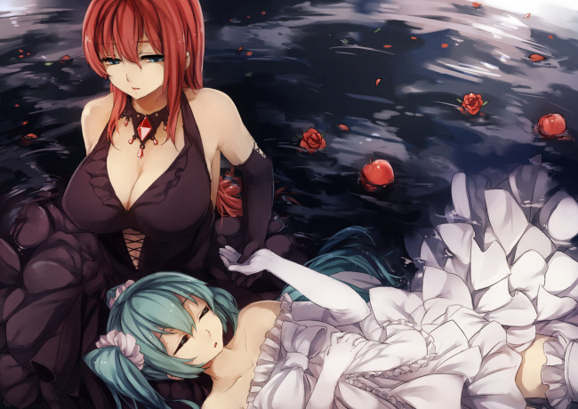 Обои картинки фото vocaloid, аниме, megurine, luka, девушки, hatsune, miku, цветы, яблоки, вода, грудь, mukuro238, kyouya, арт