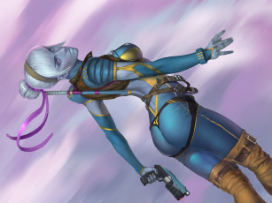 Картинка фэнтези девушки портупея рисунок арт art комбинезон пистолет девушка падение белые волосы ленты фантастика sci-fi оружие by nutfullin