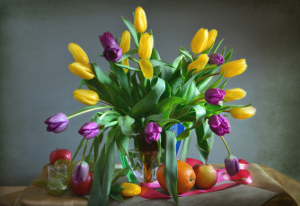 Картинка еда натюрморт апельсин букет тюльпаны яблоко