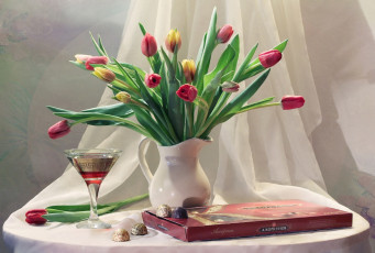 Картинка еда натюрморт праздник вино бокал конфеты тюльпаны букет