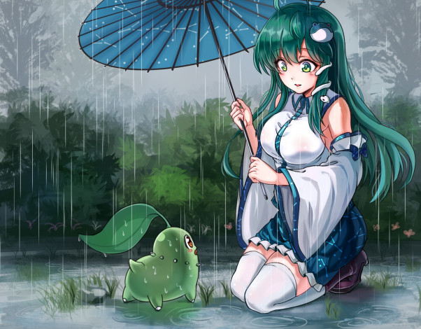 Обои картинки фото аниме, touhou, kochiya, sanae, chikorita, pokemon, koissa