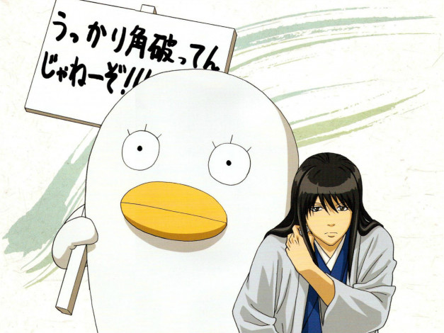 Обои картинки фото аниме, gintama, elizabeth, белый, фон, табличка, существо, kotarou, katsura, silver, soul, иероглифы, гинтама