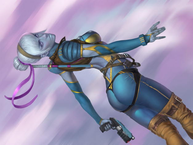 Обои картинки фото фэнтези, девушки, портупея, рисунок, арт, art, комбинезон, пистолет, девушка, падение, белые, волосы, ленты, фантастика, sci-fi, оружие, by, nutfullin