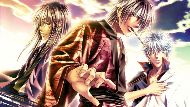 Обои картинки фото аниме, gintama, небо, katsura, kotaro, sakata, gintoki, катана, повязка, парни, takasugi, shinsuke, трое