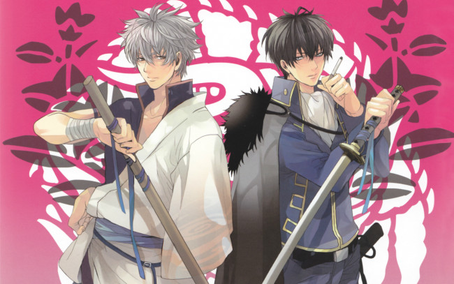 Обои картинки фото аниме, gintama, кимоно, катана, hijikata, toushirou, гинтама, silver, soul, двое, sakata, gintoki, узор, сигарета