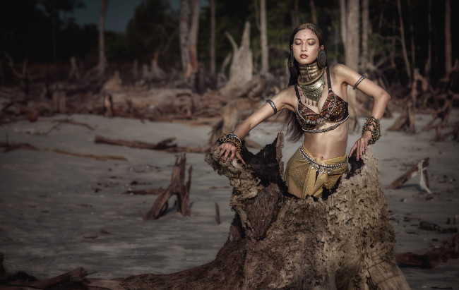 Обои картинки фото девушки, -unsort , азиатки, украшения, этно, коряга, дерево, костюм, наряд, азиатка