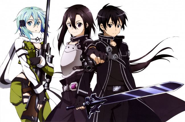 Обои картинки фото аниме, sword art online, кирито, девочки
