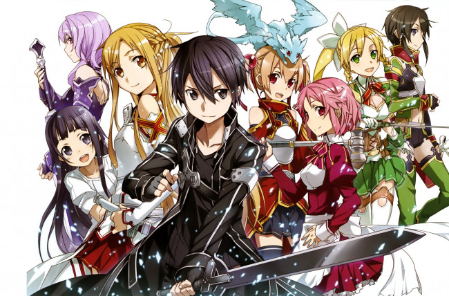 Обои картинки фото аниме, sword art online, кирито, девочки, сион, асуна