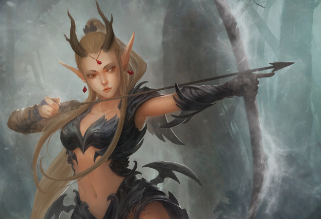 Обои картинки фото фэнтези, эльфы, эльф, девушка, лук, стрела