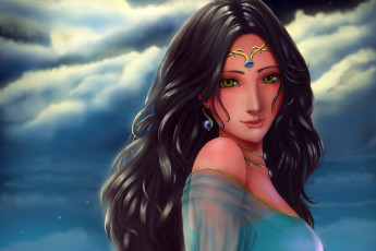 Картинка фэнтези девушки аниме зеленые глаза украшения волосы девушка облака небо взгляд арт