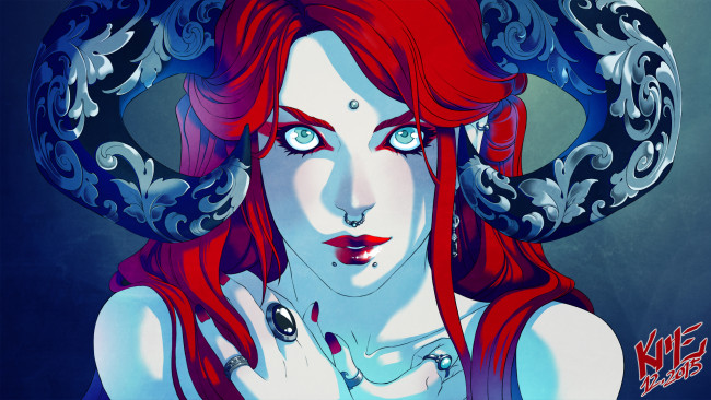 Обои картинки фото фэнтези, демоны, узоры, рога, демоница, кольцо, арт, пирсинг, фантастика, взгляд