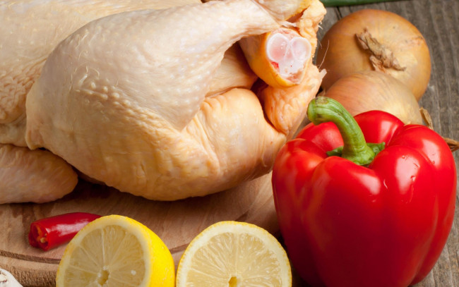 Обои картинки фото еда, разное, лимон, лук, перец, курица
