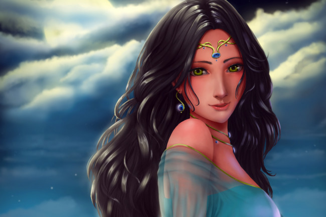 Обои картинки фото фэнтези, девушки, аниме, зеленые, глаза, украшения, волосы, девушка, облака, небо, взгляд, арт