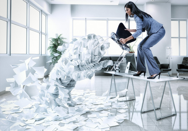 Обои картинки фото юмор и приколы, indigo, studios, девушка, стул, офис, атака, рендеринг, бумаги, ситуация, усталость, служащий, кипа