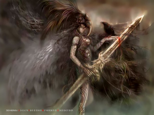 обоя календари, фэнтези, девушка, оружие, птица, рисунок, перья, calendar, 2020