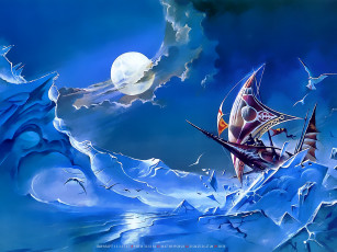 обоя календари, фэнтези, парусник, птица, лед, планета, calendar, 2020