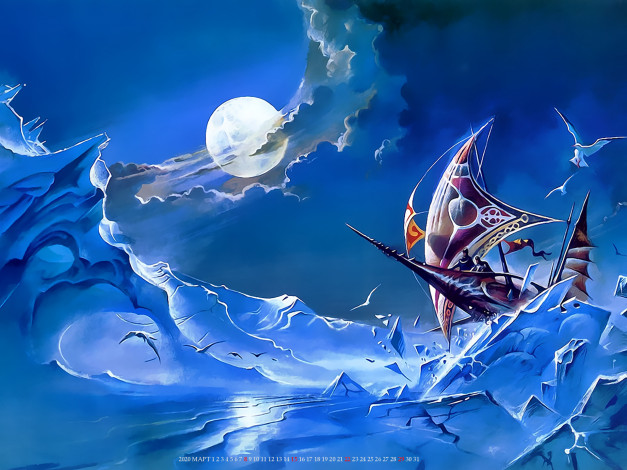 Обои картинки фото календари, фэнтези, парусник, птица, лед, планета, calendar, 2020