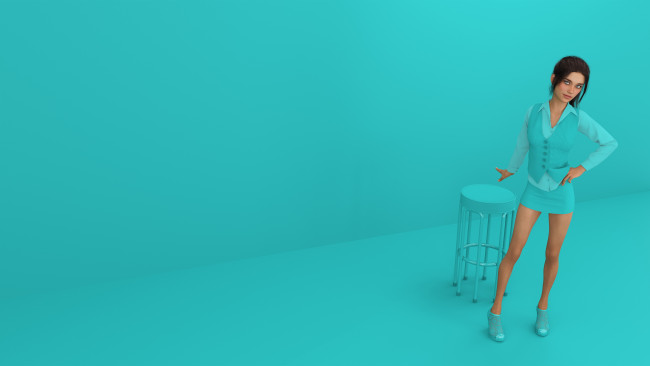Обои картинки фото 3д графика, люди , people, девушка, фон, взгляд, табурет, костюм