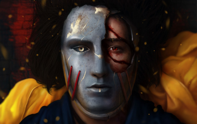 Обои картинки фото фэнтези, существа, мужчина, фон, взгляд, маска