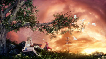 Картинка 3д+графика люди-авто мото+ people-+car+ +moto девушка фон птица мотороллер дерево