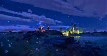 Картинка рисованное люди телескоп город озеро