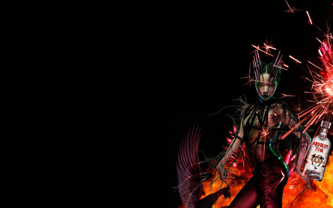 Обои картинки фото бренды, absolut, девушка, бутылка, искры