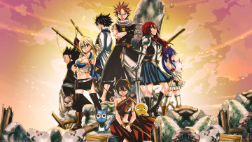 Картинка аниме fairy tail natsu dragneel wendy lucy happy gray erza scarlet драконы маги волшебники gajeel