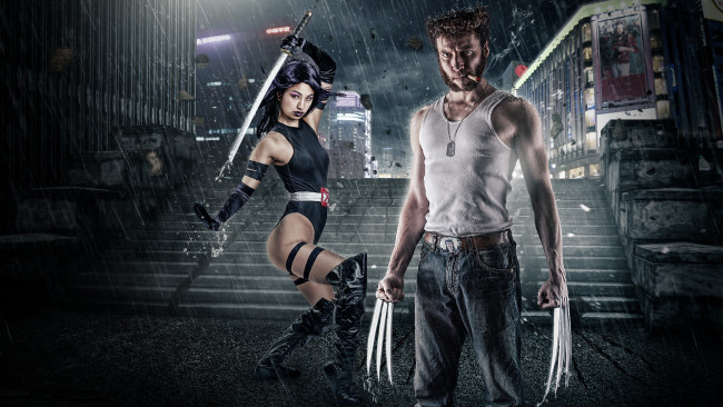 Обои картинки фото разное, компьютерный, дизайн, перчатки, джинсы, майка, росомаха, сигара, лезвия, медальон, меч, дождь, сапоги, ступеньки