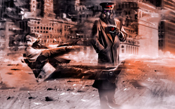 Картинка фэнтези люди апокалипсис противогазы развалины руины чашка кружка полет фуражка