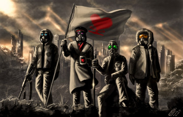 Картинка фэнтези иные+миры +иные+времена выжившие романтика апокалипсис лучи развалины руины тучи знамя кружка чашка сердечко люди фуражка оружие противогазы