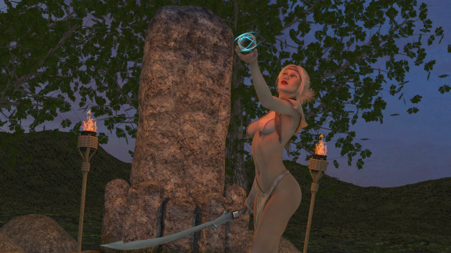 Обои картинки фото 3д графика, fantasy , фантазия, магия, меч, девушка, дерево, камень