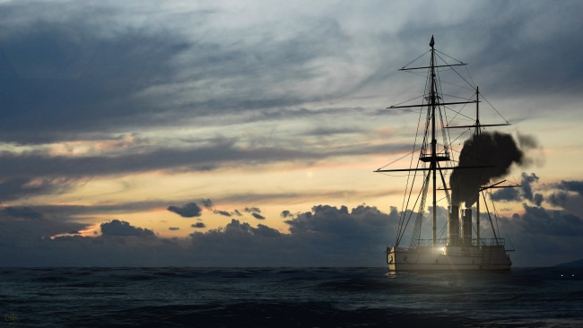 Обои картинки фото корабли, 3d, облака, море