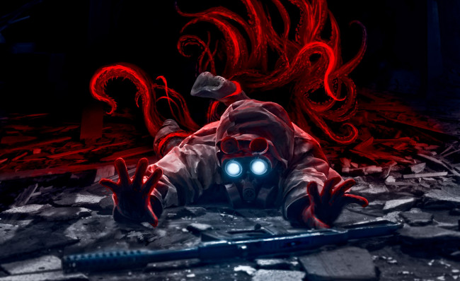 Обои картинки фото фэнтези, иные миры,  иные времена, чудовище, противогаз, щупальца, апокалипсис, ружье, развалины