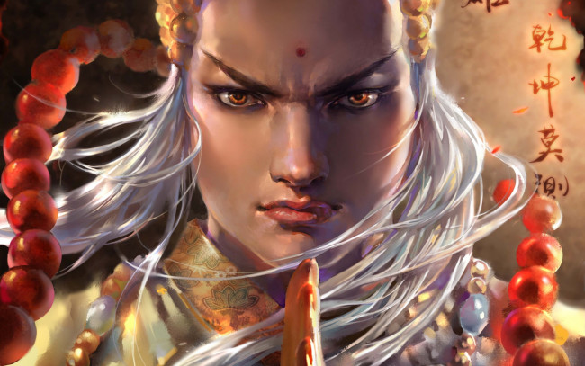 Обои картинки фото фэнтези, люди, иероглифы, рука, парень, арт, белые, волосы, бусы