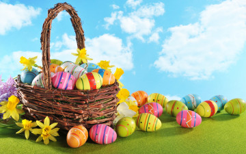 обоя праздничные, пасха, easter, eggs, flowers, spring, яйца, цветы, корзина