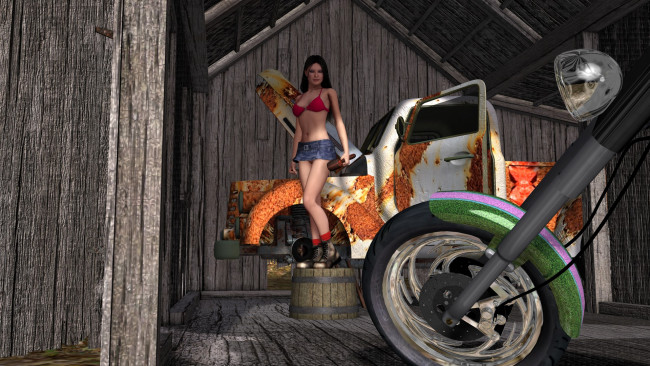 Обои картинки фото автомобили, 3d car&girl, девушка, взгляд, фон, автомобиль, гараж