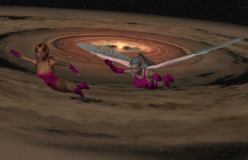 обоя 3д графика, фантазия , fantasy, девушки, взгляд, фон, полет