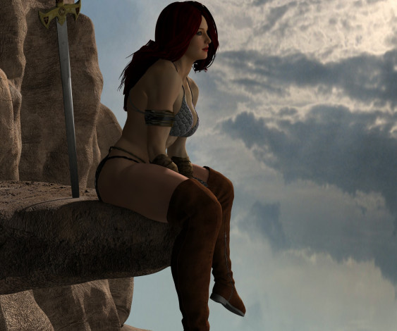 Обои картинки фото 3д графика, амазонки , amazon, девушка, взгляд, фон, оружие, скала