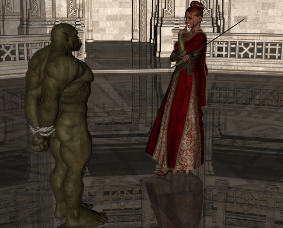 Обои картинки фото 3д графика, фантазия , fantasy, девушка, взгляд, фон, монстр