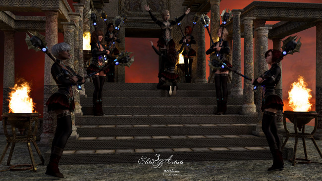 Обои картинки фото 3д графика, амазонки , amazon, девушки, взгляд, фон, факелы