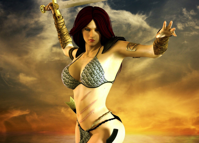 Обои картинки фото 3д графика, амазонки , amazon, девушка, взгляд, фон, меч