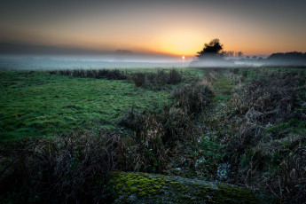 Картинка природа пейзажи закат пейзаж туман поле