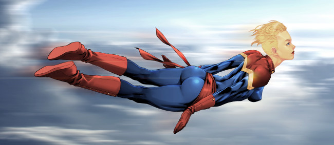 Обои картинки фото рисованное, комиксы, девушка, полёт, униформа, фон