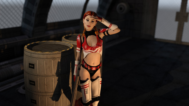 Обои картинки фото 3д графика, фантазия , fantasy, взгляд, оружие, фон, девушка