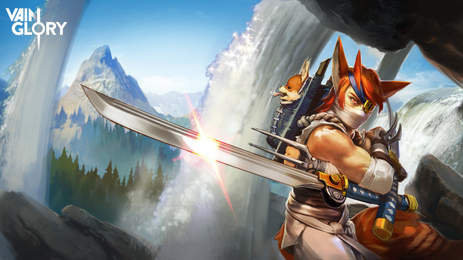 Обои картинки фото видео игры, vainglory, маска, водопад, art, воин, парень, горы, taka, shiro, kage
