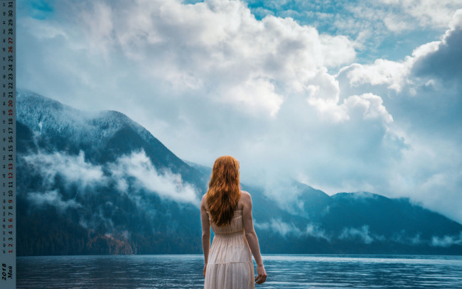 Обои картинки фото календари, девушки, облака, гора, водоем