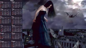 Картинка календари фэнтези девушка летучая мышь здание