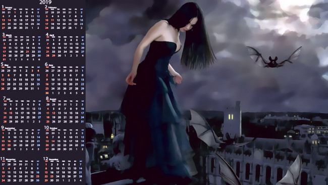 Обои картинки фото календари, фэнтези, девушка, летучая, мышь, здание