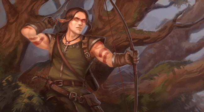 Обои картинки фото фэнтези, эльфы, мужчина, фон, взгляд, лук